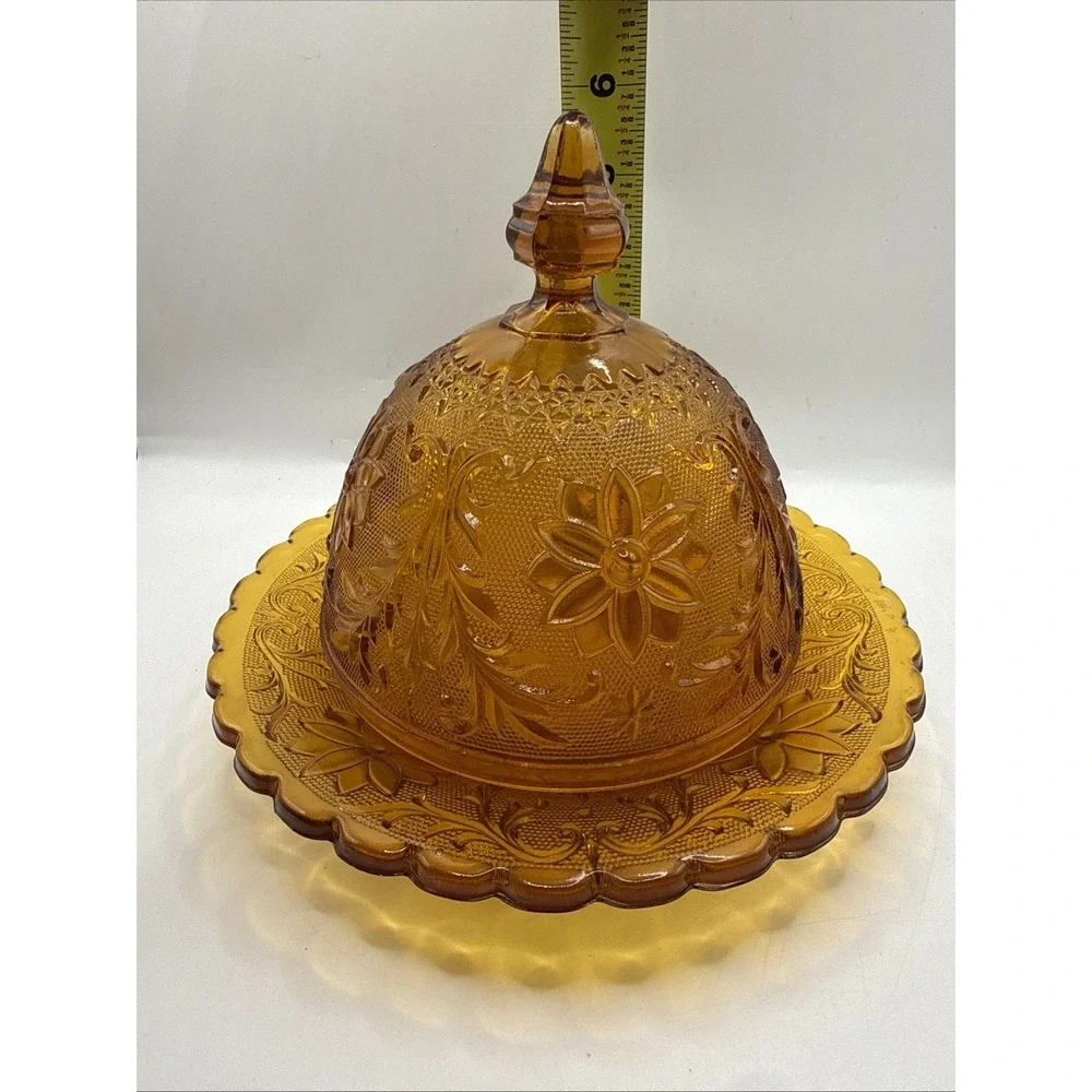 Tiara Amber Sandwich Indiana Covered Lidded‎ ROUND DOMED BUTTER CHEESE DISH